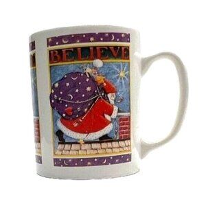Mary Engelbreit "Believe" Christmas Santa Mug Vintage 1993 Ceramic Coffee Cup